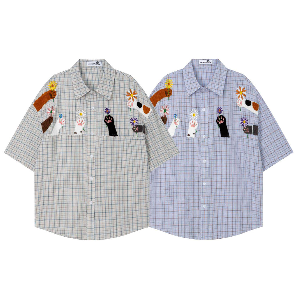 Cat hands flower embroidery short sleeved shirt