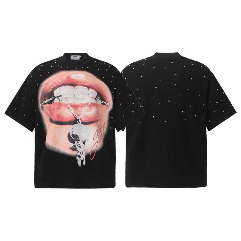Red lip diamond print short sleeved shirt