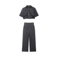 Mid sleeve metal buckle decorative top+high waisted lace up straight leg pants set