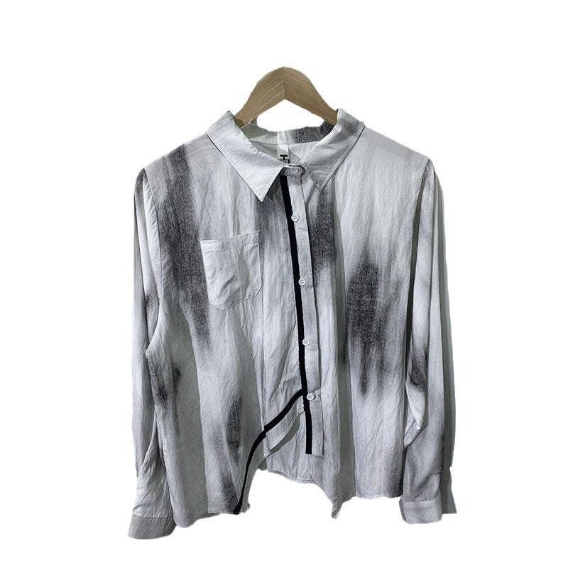 Autumn new fashionable tie dye printed loose short shirt with irregular hem casual shirt for women