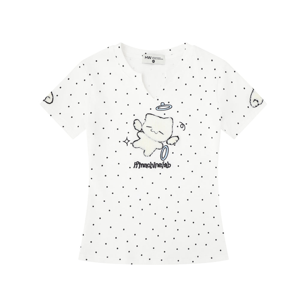 Embroidered Cat V-Neck T-Shirt for Women, Casual and Versatile Fresh Look Top