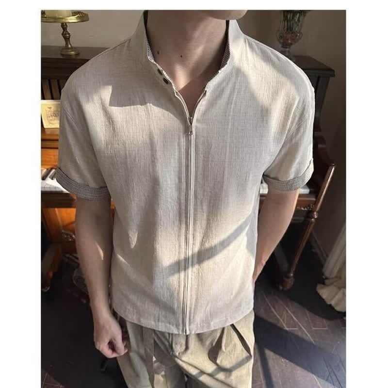 Checkered Patchwork Stand Collar Open Front Blouse