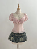 Bow tie tied short sleeved women's shirt