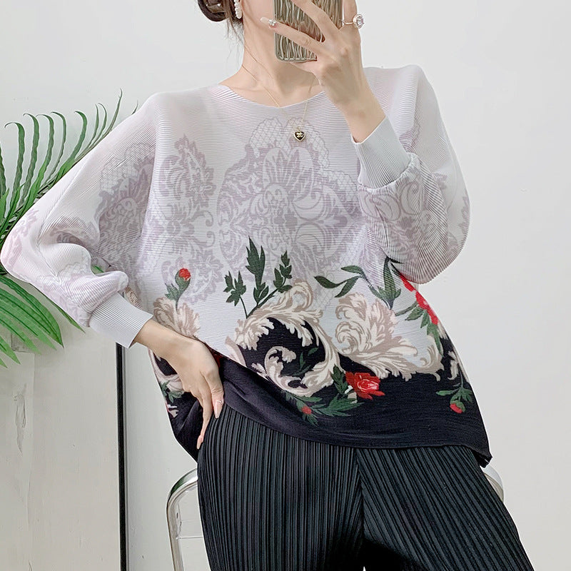 New pleated printed women's loose and stylish plus size belly covering batwing sleeve top