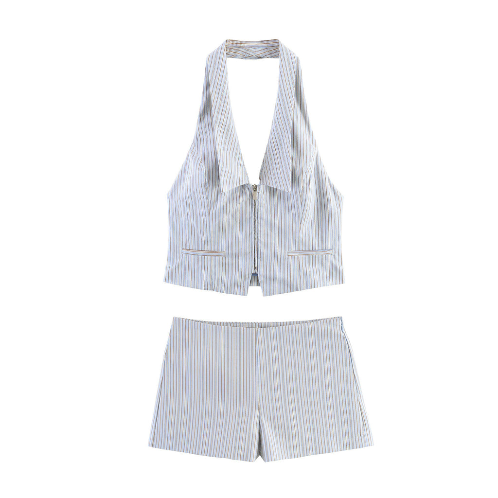 Striped vest style top+shorts set