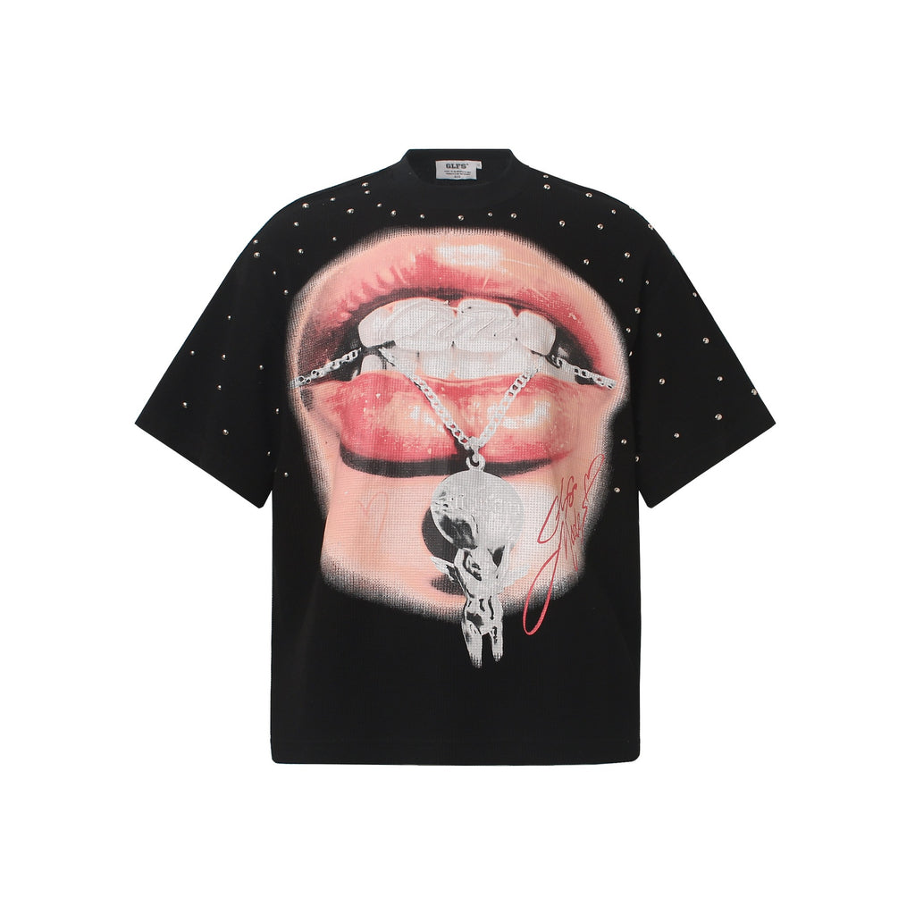 Red lip diamond print short sleeved shirt