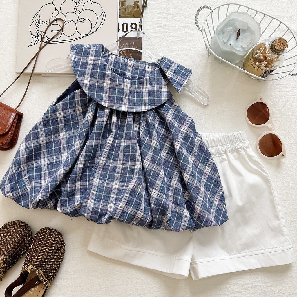 Chic Plaid Two-Piece Set for Girls Summer Sleeveless Top and Shorts  Children's Outfit