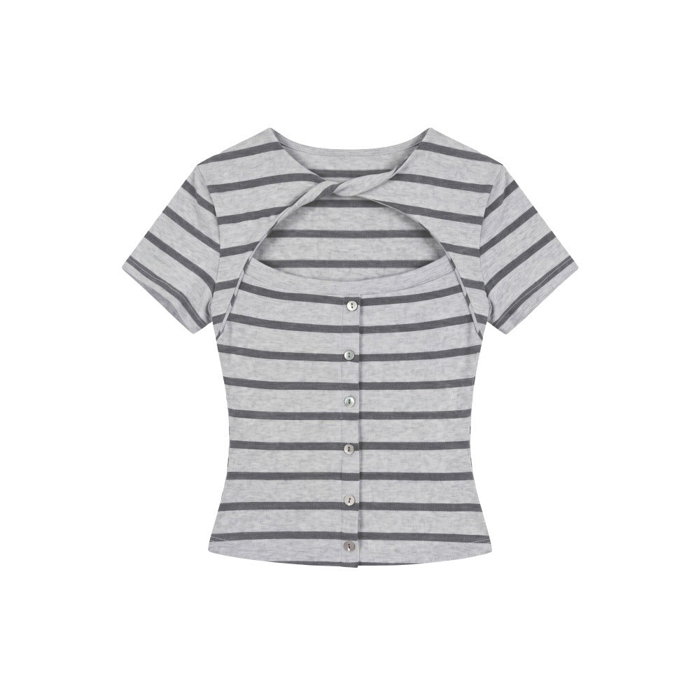 Hollow Out Slim Fit Stripe Short Sleeve Top  Chic Crop Regular Shoulder T-Shirt