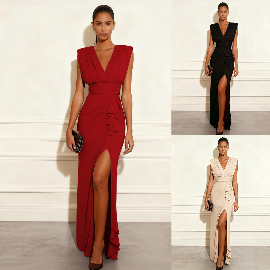 Solid color V-neck sleeveless slit dress