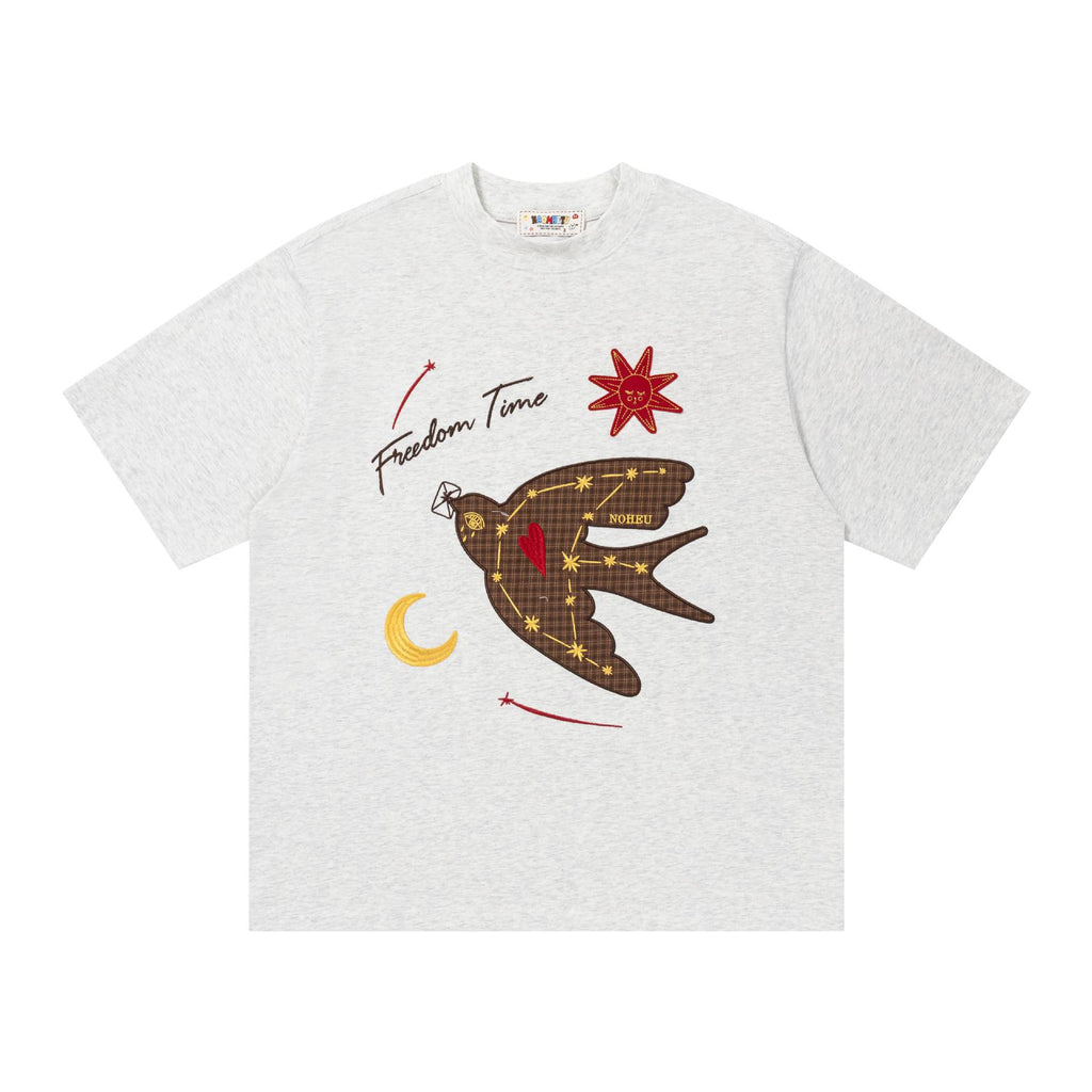 Plaid swallow embroidery short sleeved shirt