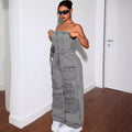 Women's Denim Jumpsuit Fashion Crop Top Multi-Pocket Utility Pants