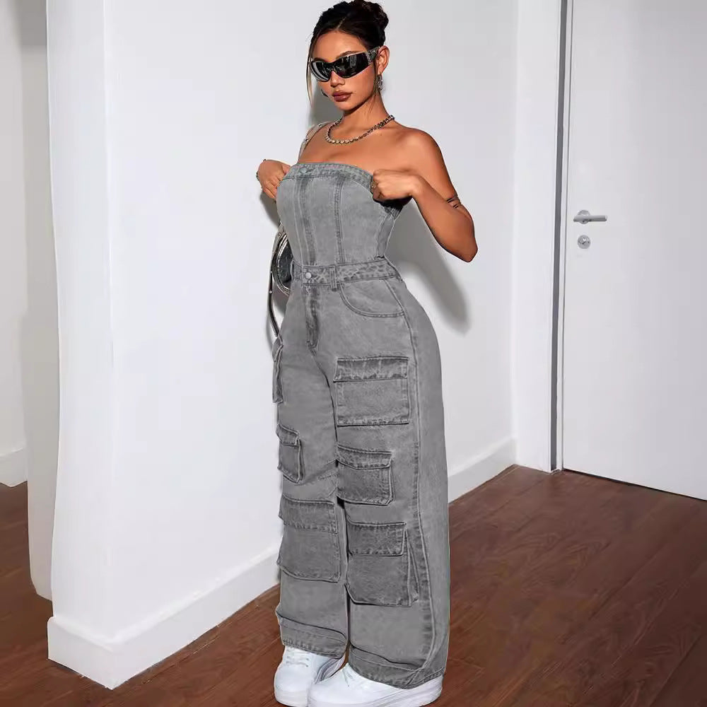 Women's Denim Jumpsuit Fashion Crop Top Multi-Pocket Utility Pants
