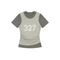 Short Crop Fitted Digital Mock Two-Piece Top Women Streetwear Short Sleeve T-Shirt