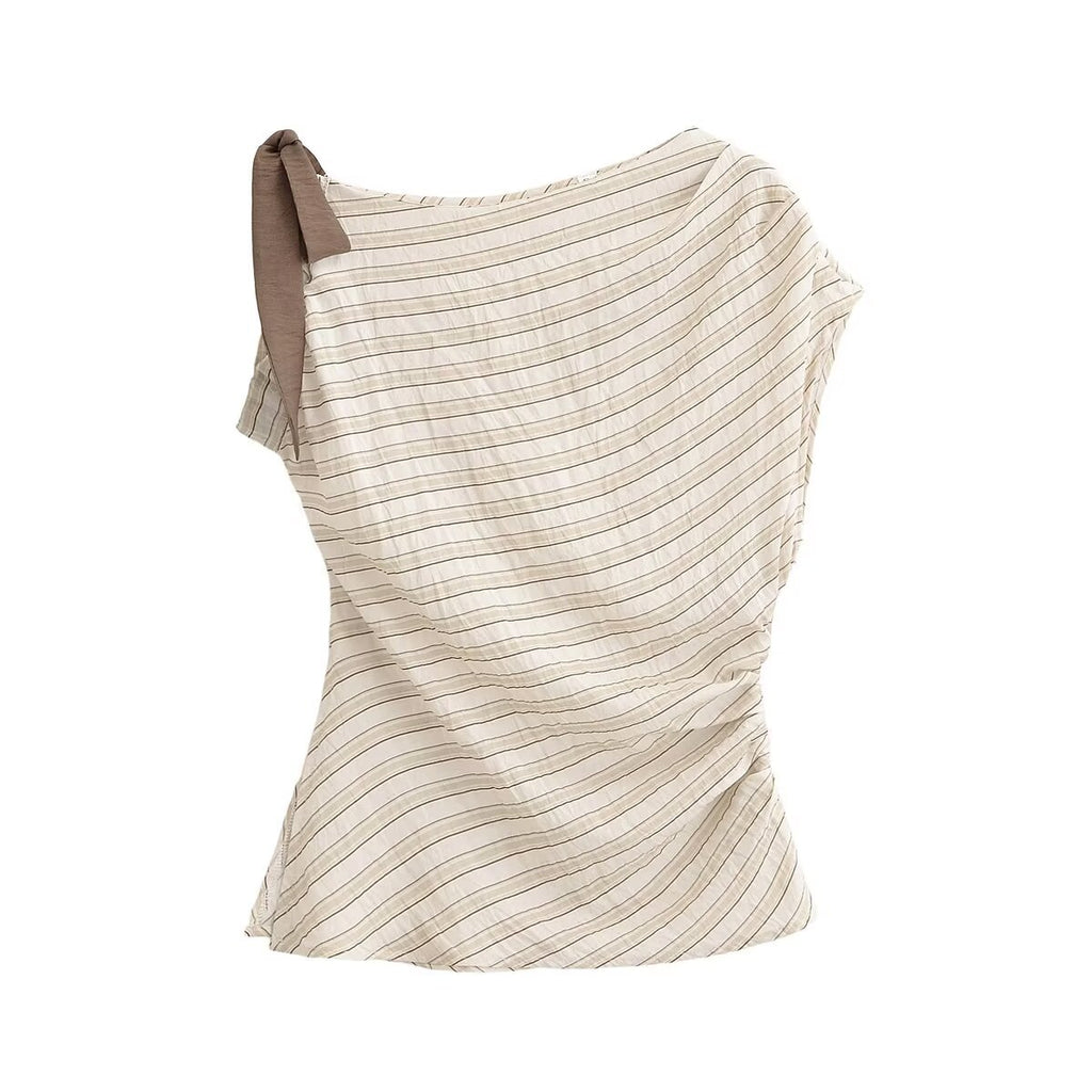 Slanted shoulder striped bow T-shirt top
