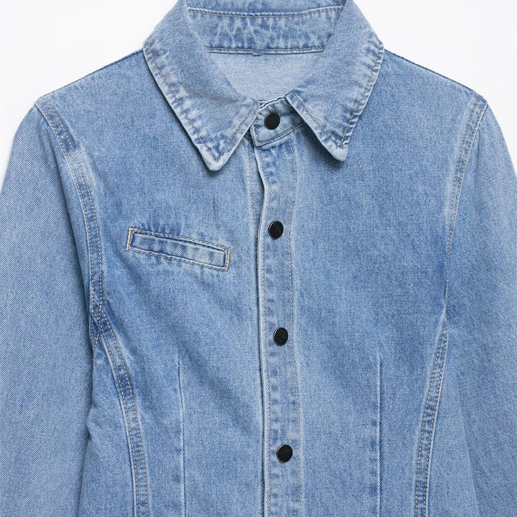 Splicing collar and waist cinched denim shirt jacket