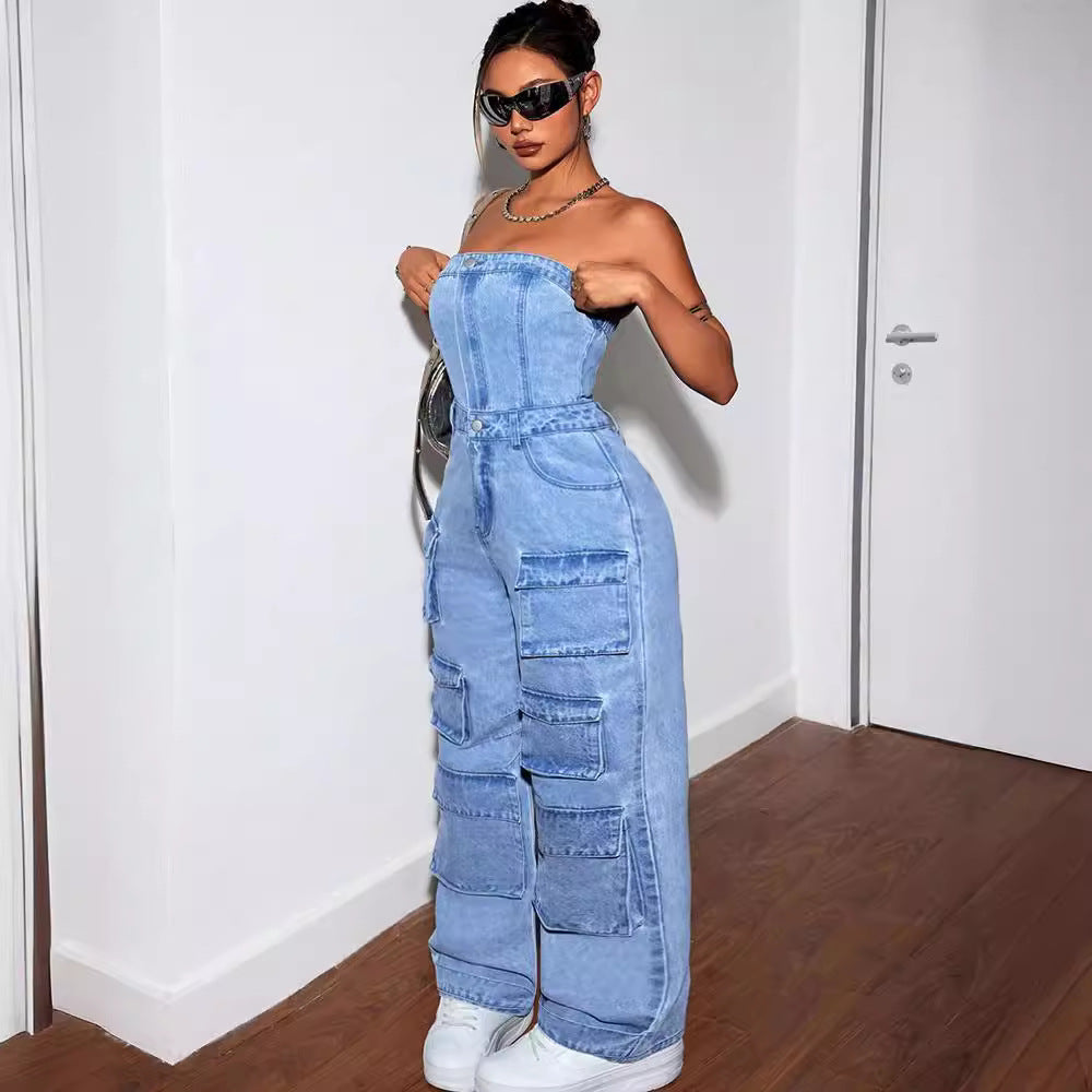 Women's Denim Jumpsuit Fashion Crop Top Multi-Pocket Utility Pants