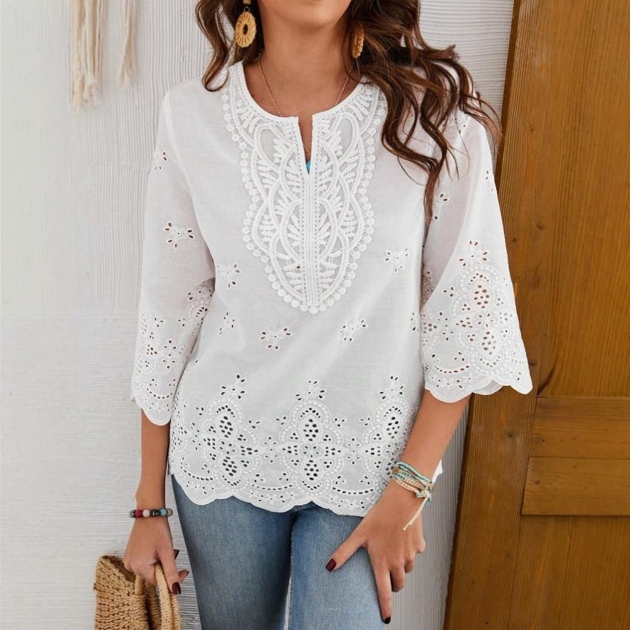 Solid color lace V-neck top