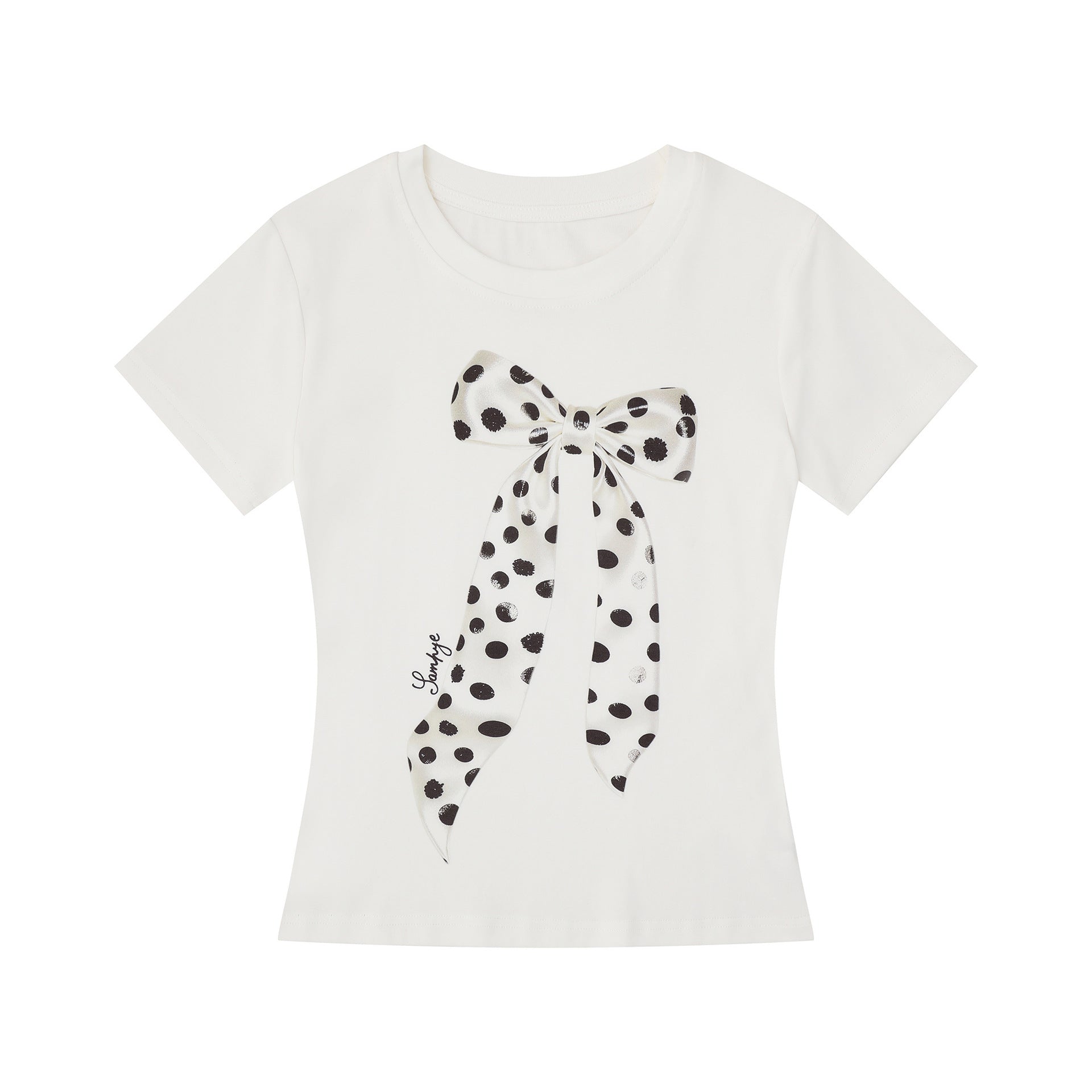 Black and White Polka Dot Bow T-Shirt  Slim Fit  Casual Wear