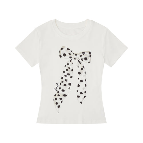 Black and White Polka Dot Bow T-Shirt  Slim Fit  Casual Wear
