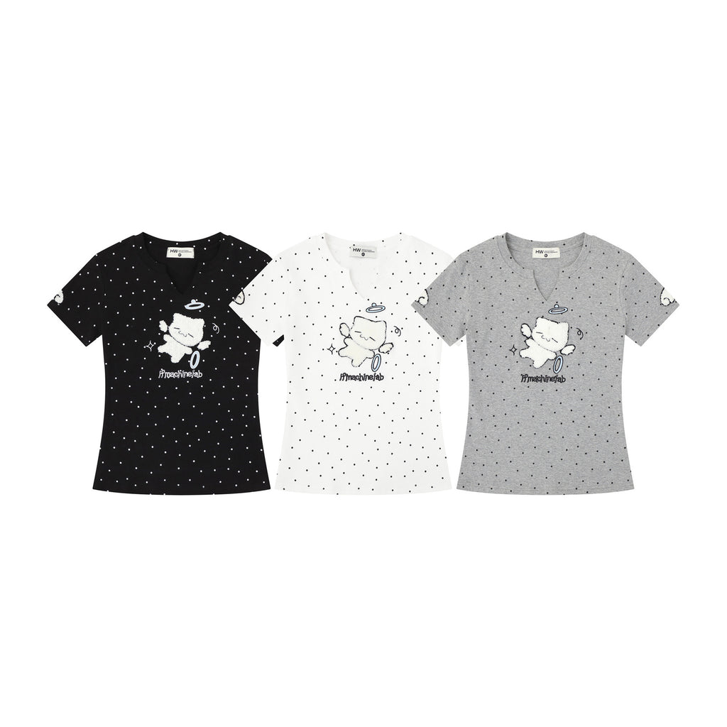 Embroidered Cat V-Neck T-Shirt for Women, Casual and Versatile Fresh Look Top