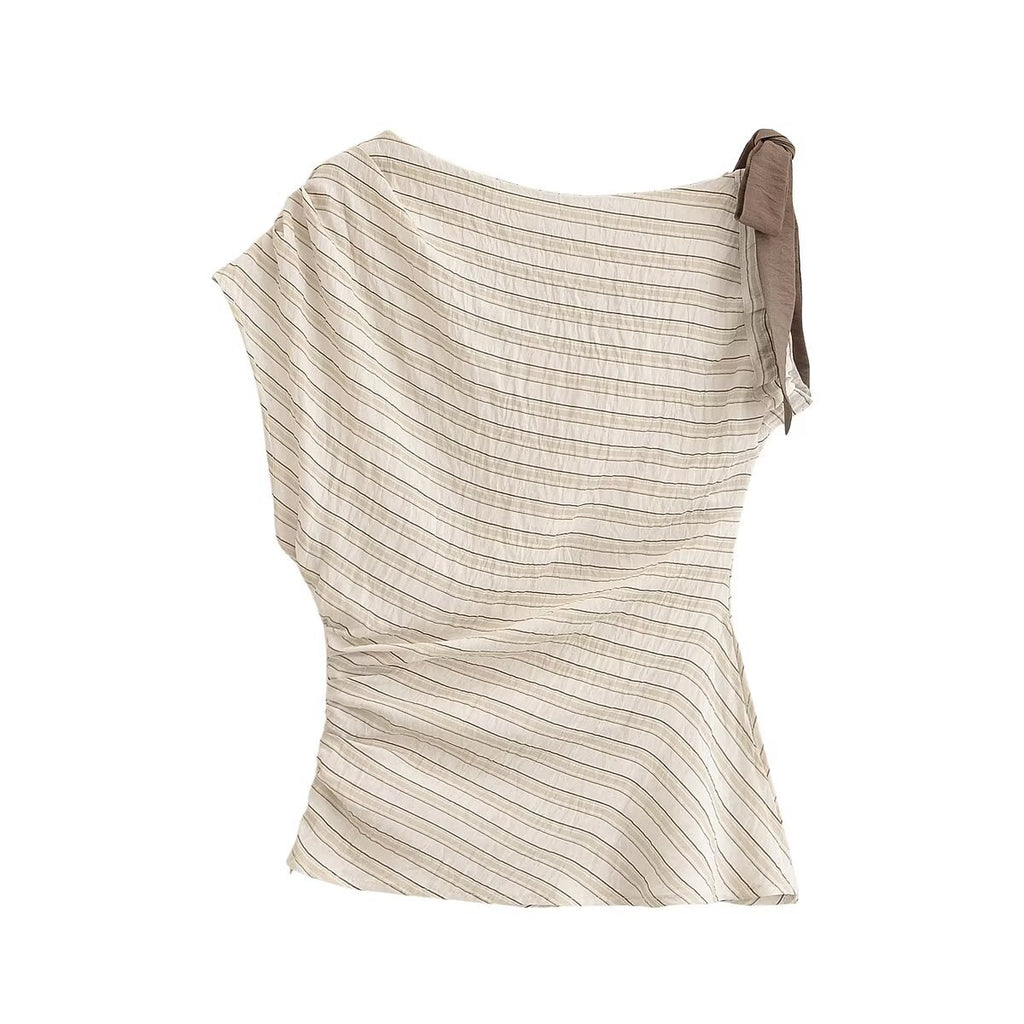 Slanted shoulder striped bow T-shirt top