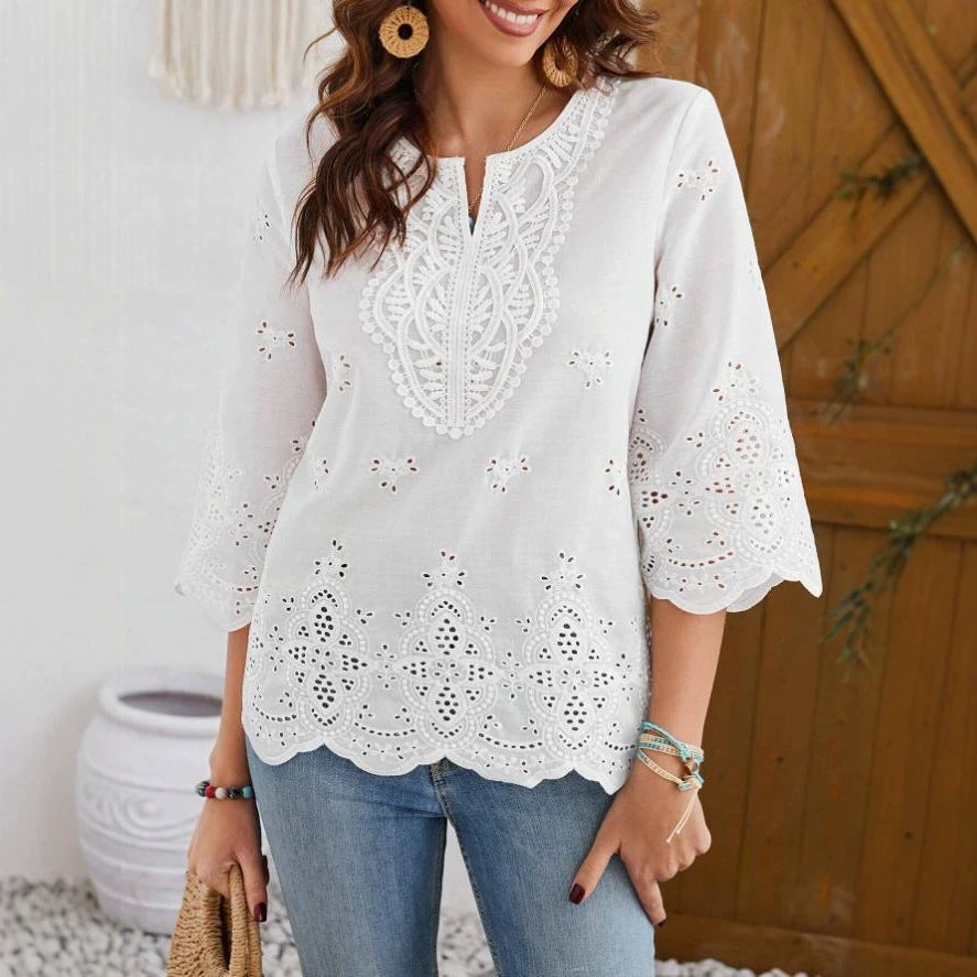 Solid color lace V-neck top