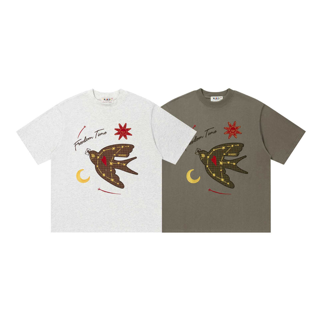 Plaid swallow embroidery short sleeved shirt