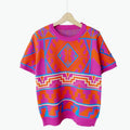 Stylish geometric color blocked short sleeved knitted sweater for women, with a niche design sense, wearing a slimming t-shirt for women