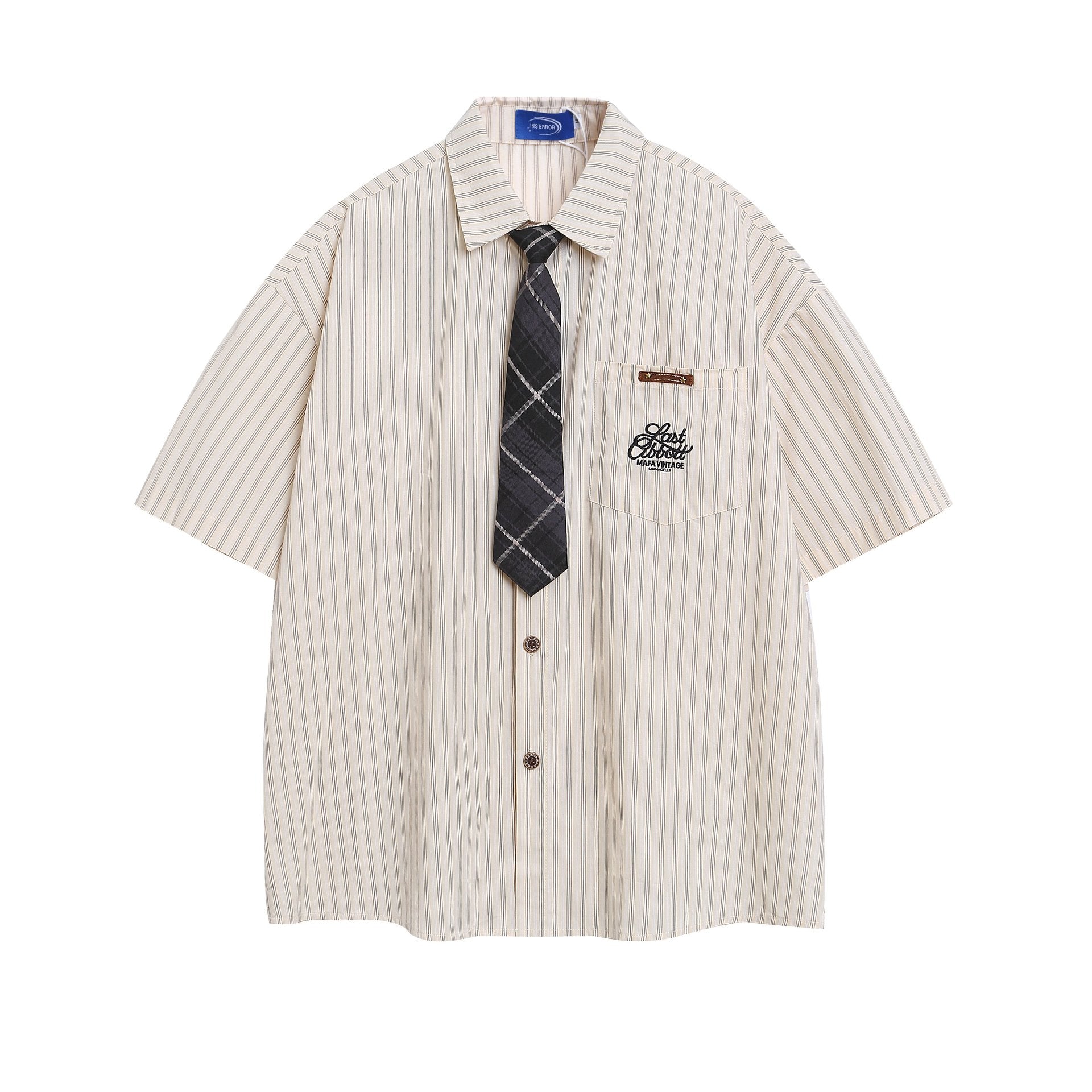 Embroidered striped short sleeved pocket