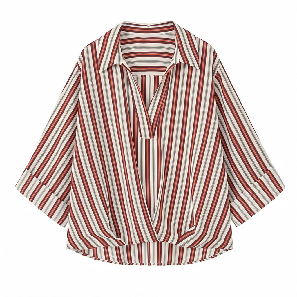 Minimalist style casual fluffy hem striped shirt