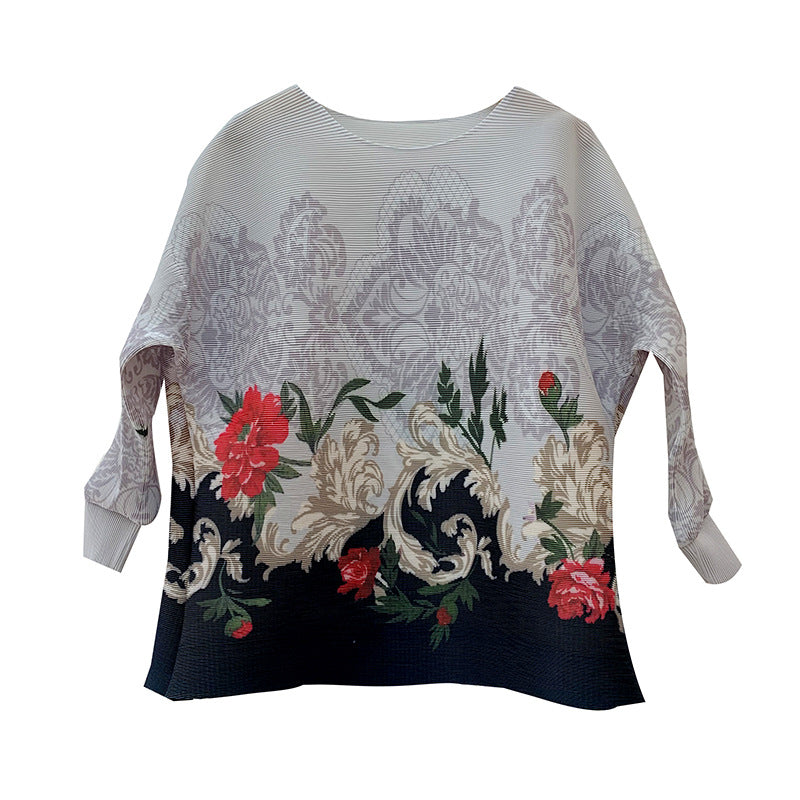 New pleated printed women's loose and stylish plus size belly covering batwing sleeve top