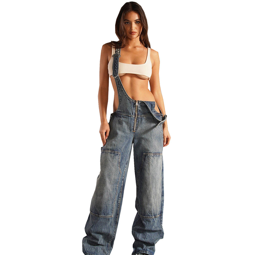 Women's Denim Jumpsuit Street Style Multi-pocket Overalls Loose Waist Straight Leg Pants