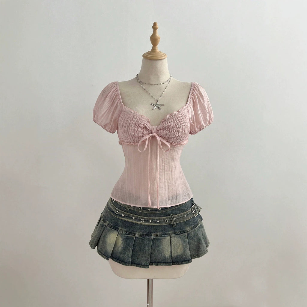 Bow tie tied short sleeved women's shirt