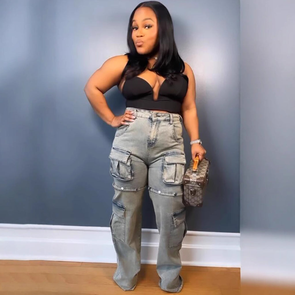 Women's Multi-Pocket Denim Pants with Detachable Buttons Straight Leg Fashion Casual Jeans