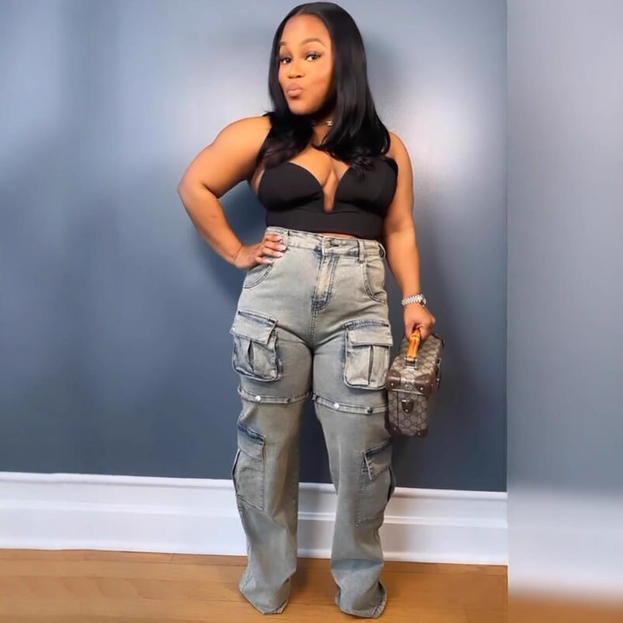 Women's Multi-Pocket Denim Pants with Detachable Buttons Straight Leg Fashion Casual Jeans
