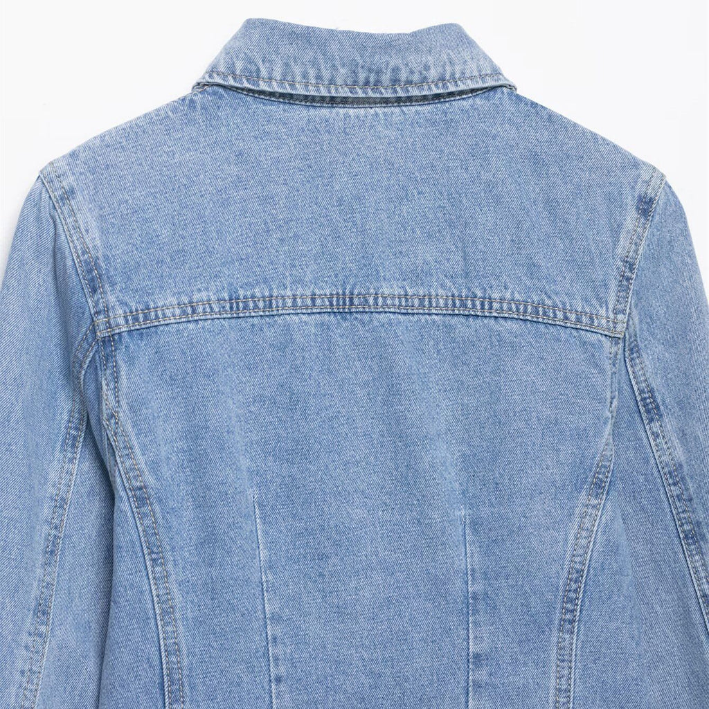 Splicing collar and waist cinched denim shirt jacket