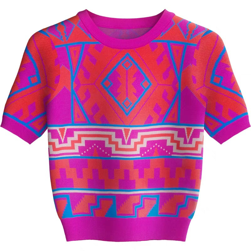 Stylish geometric color blocked short sleeved knitted sweater for women, with a niche design sense, wearing a slimming t-shirt for women