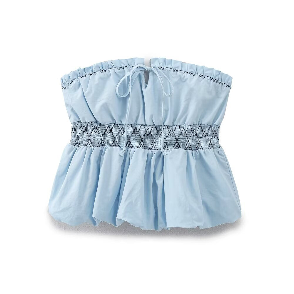 Spicy girl embroidered strapless top with exposed shoulders