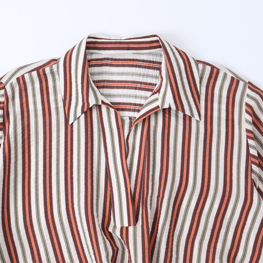 Minimalist style casual fluffy hem striped shirt
