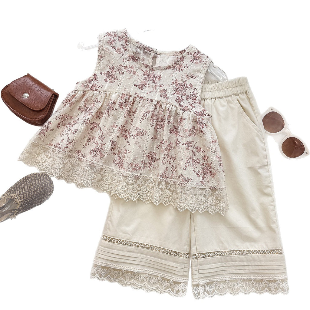 Floral Print Two-Piece Set for Girls, Sleeveless Lace Trim Top  Wide Leg Pants, Vintage Casual Outfit