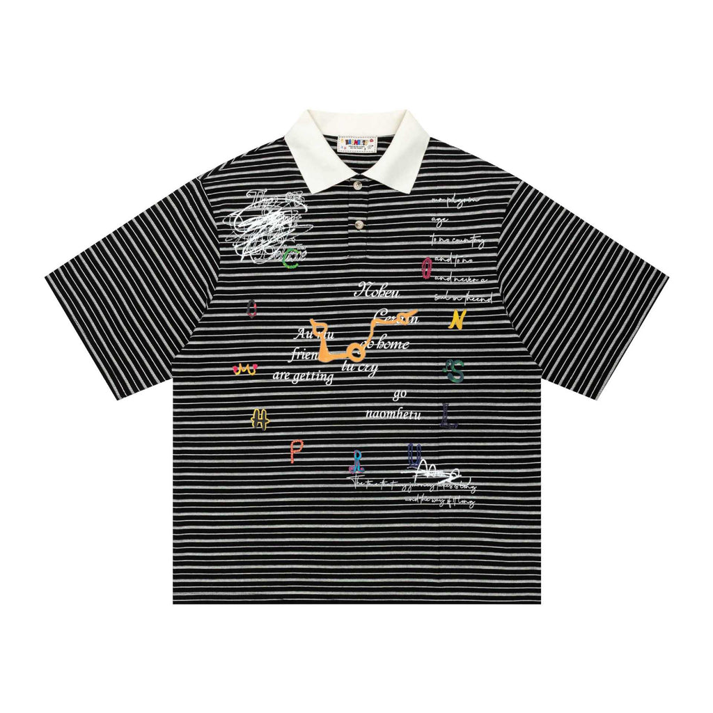 Graffiti embroidery striped short sleeved shirt