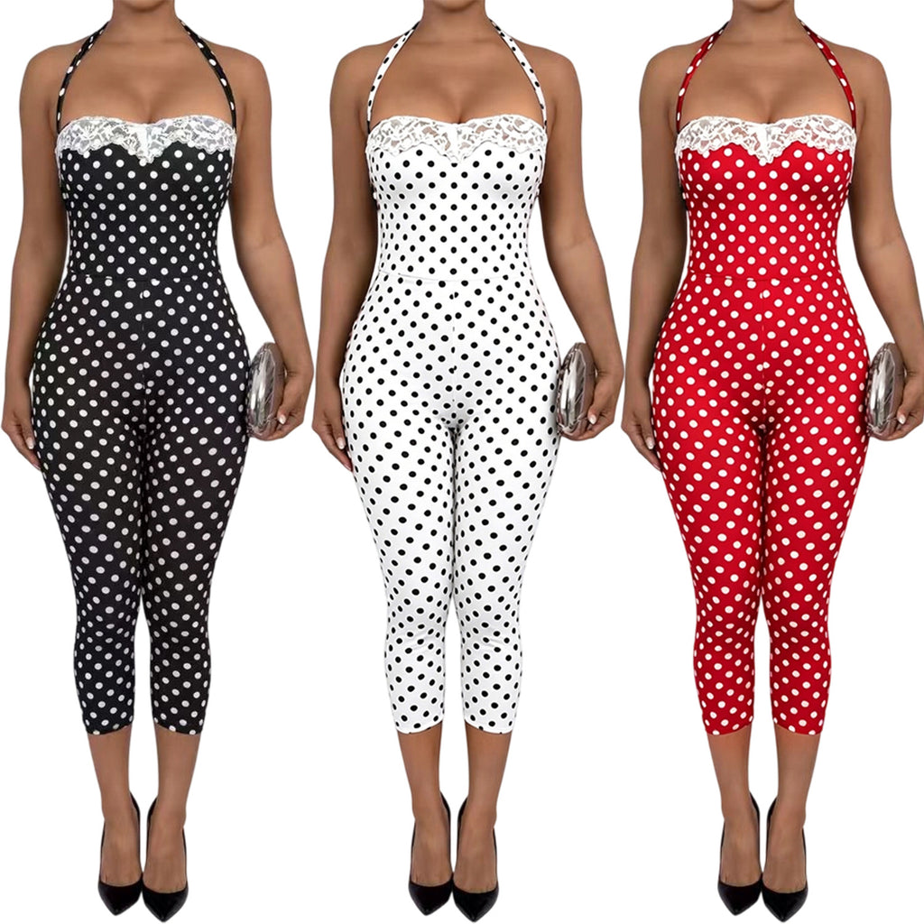 Wave point splicing lace lace neck strap jumpsuit