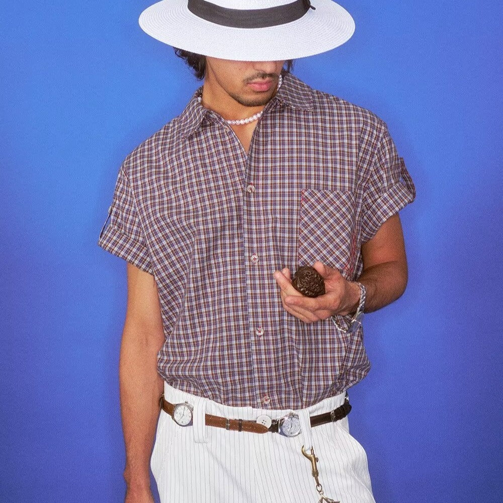 Lazy Plaid Cuff Sleeve Design Short Sleeve Shirt