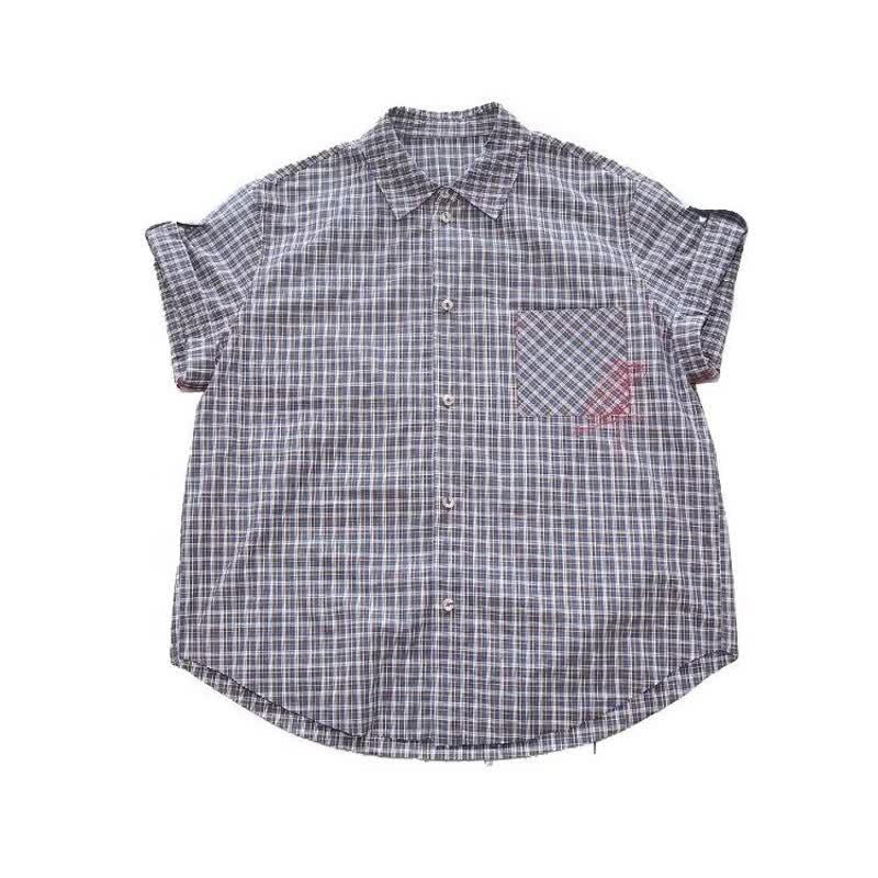 Lazy Plaid Cuff Sleeve Design Short Sleeve Shirt