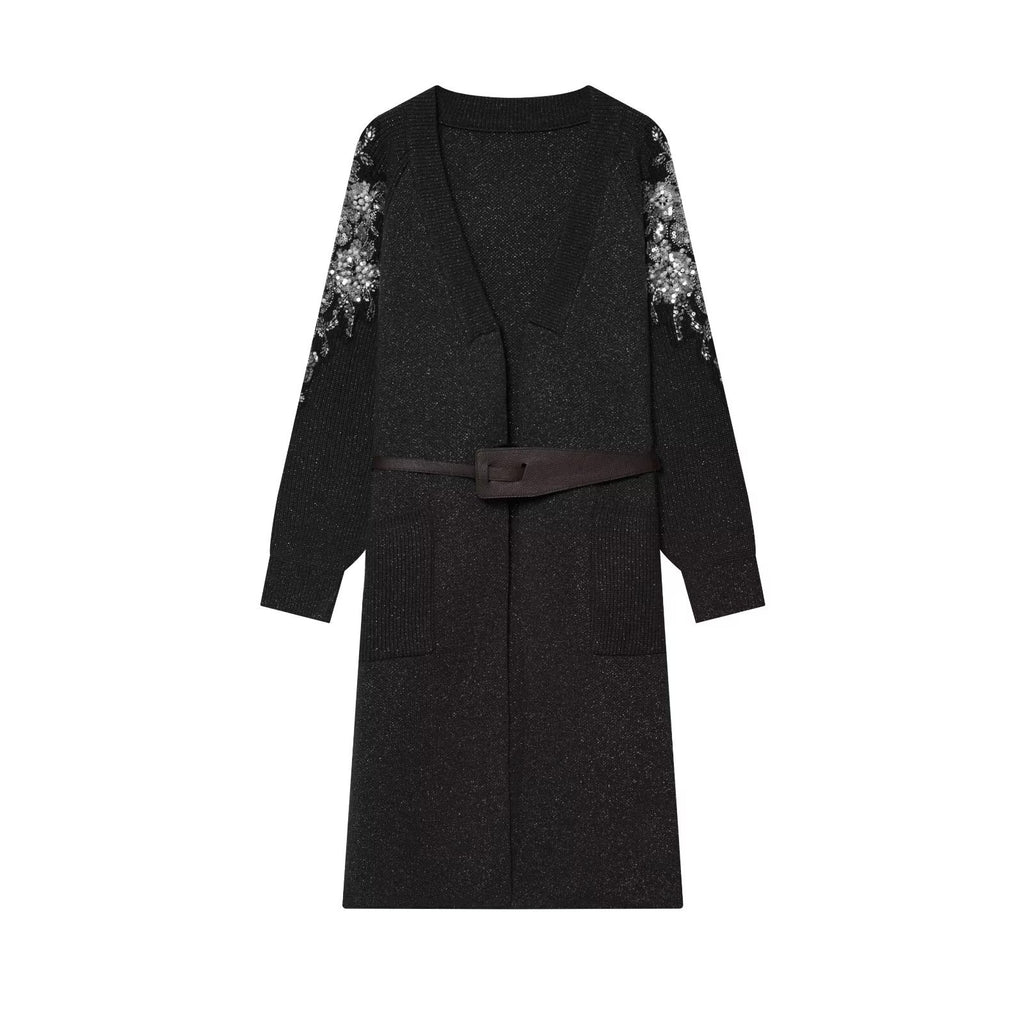 Heavy industry bead sequin waistband knitted coat