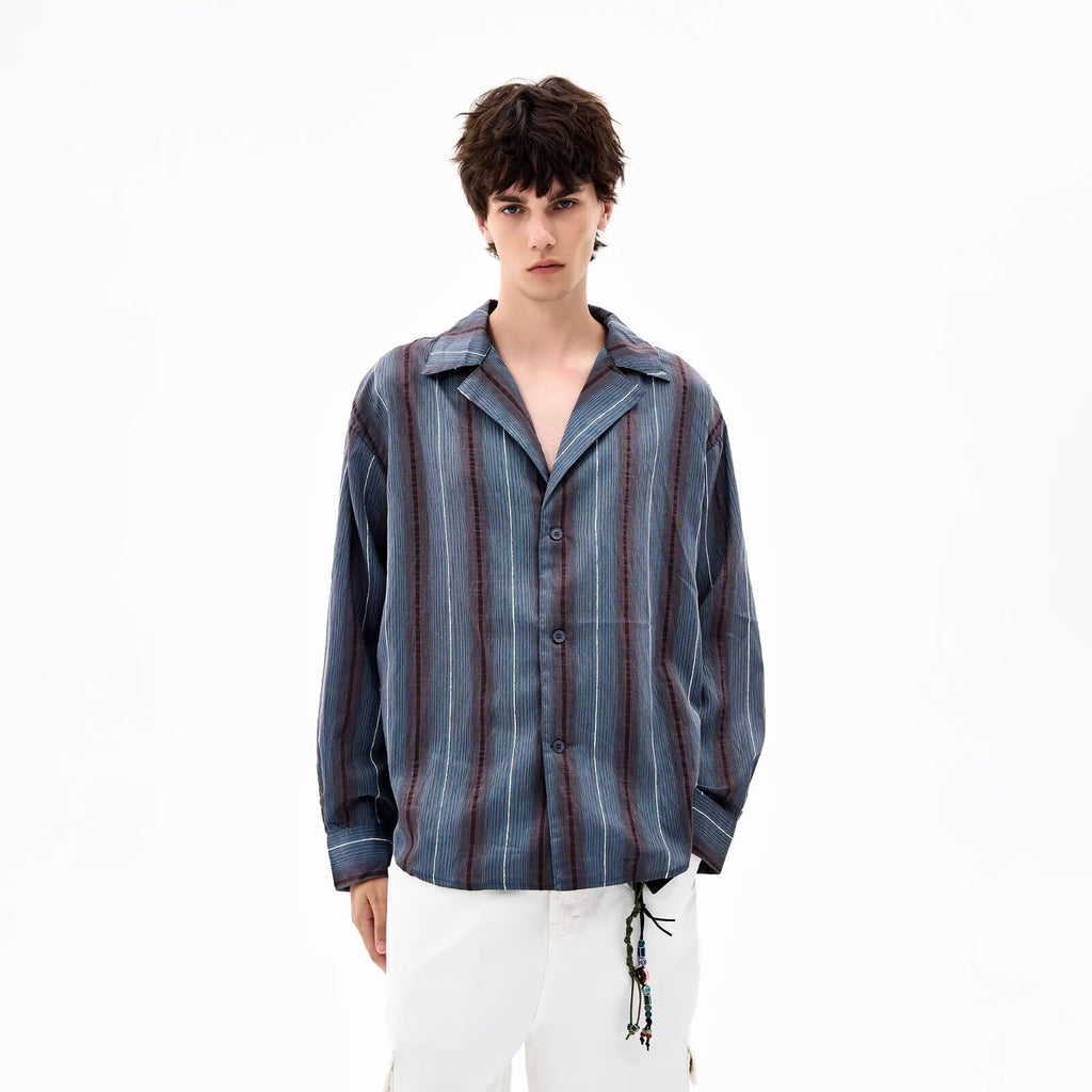 Barn Style Striped Turn-Down Collar Long Sleeve Shirt