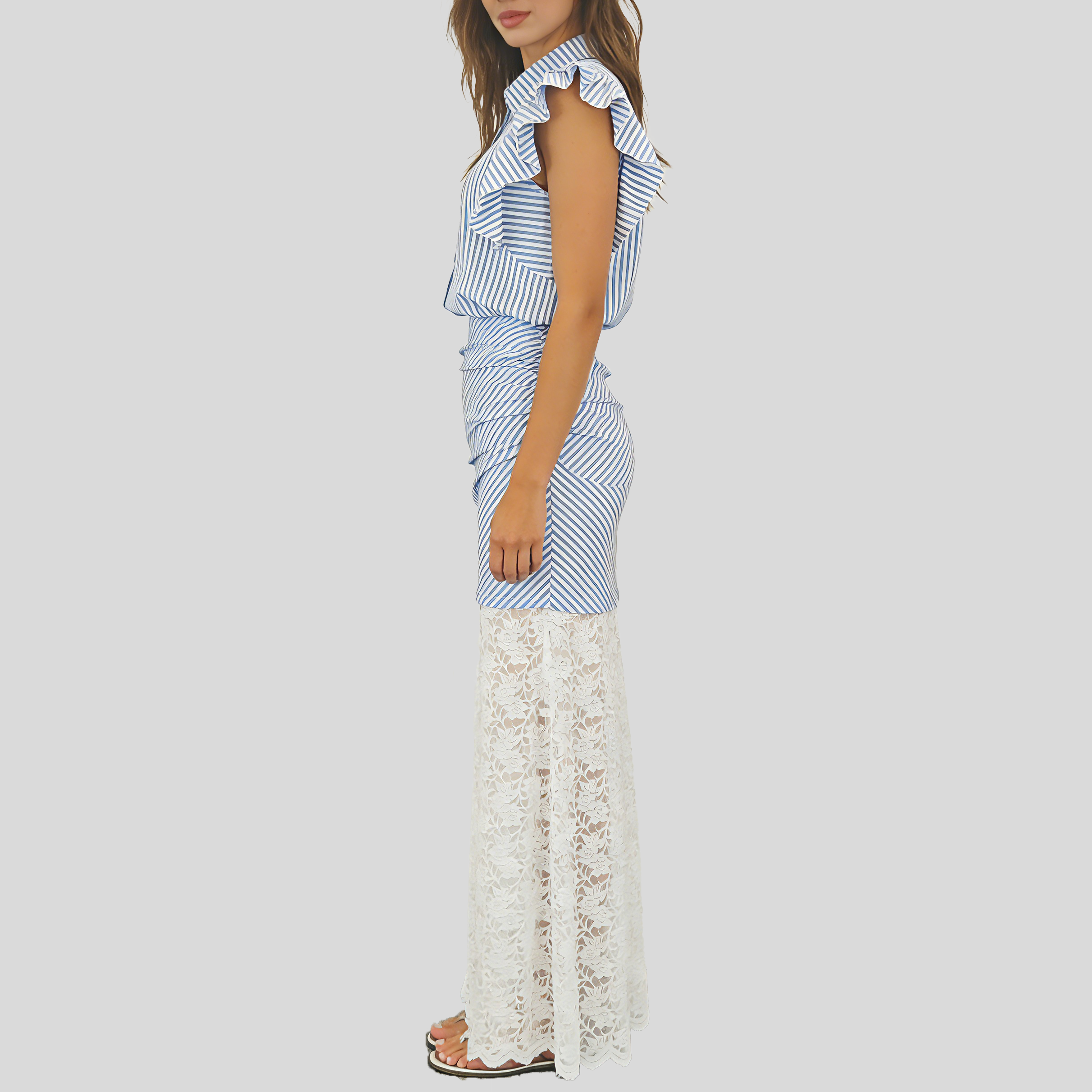 Women's Fashionable Flutter Sleeve Blue and White Striped Lace Bodycon Skirt Set
