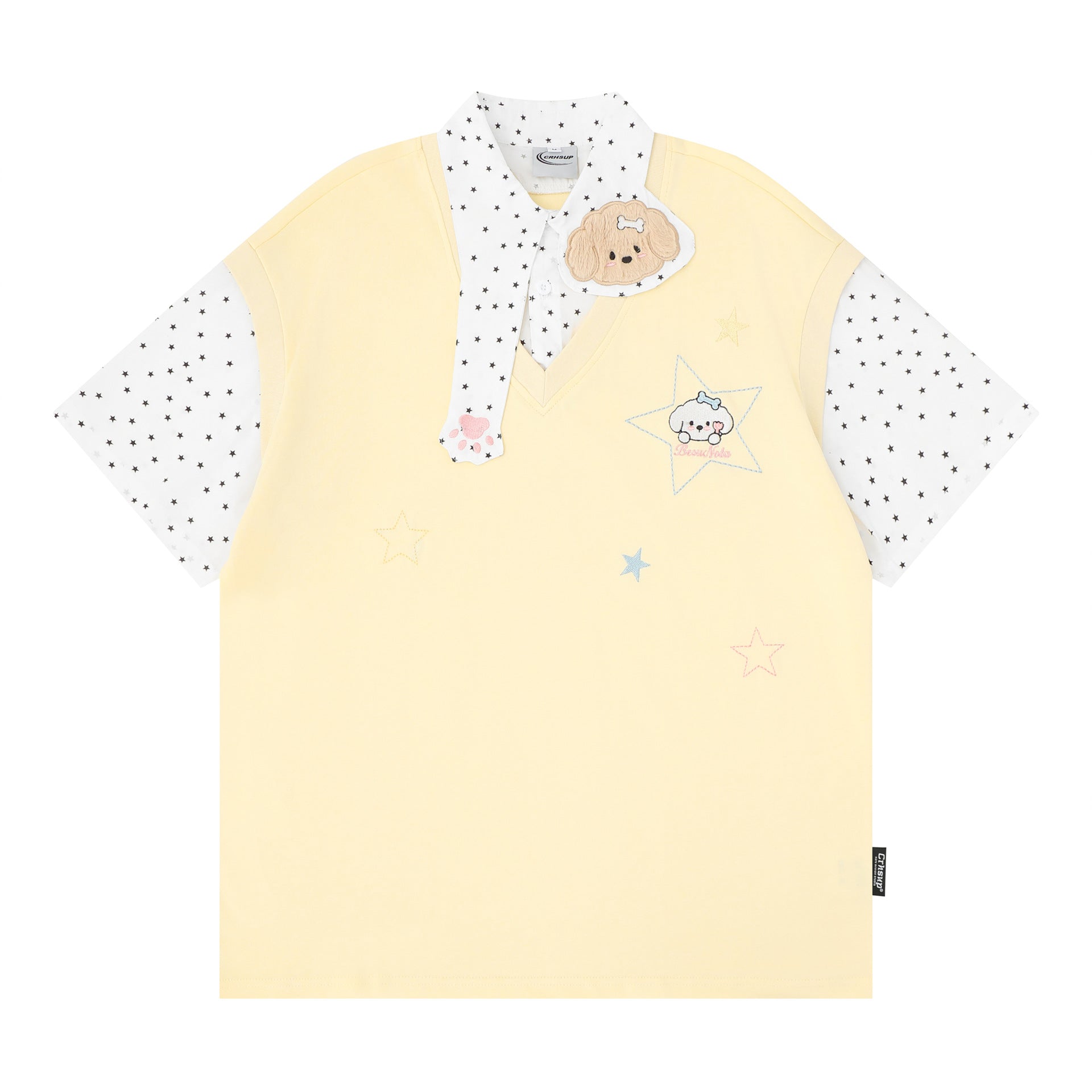 Fake two embroidered short sleeves