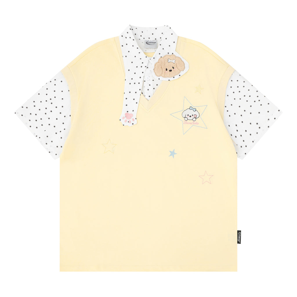 Fake two embroidered short sleeves