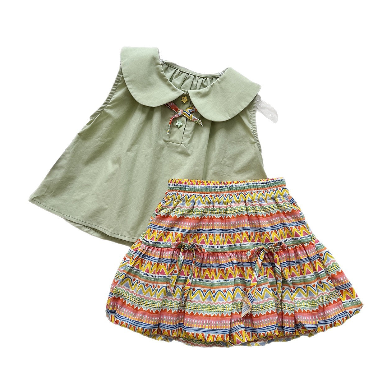 Summer New Girls' Outfit SetPeter Pan Collar Sleeveless Top with Vintage Print Shorts Two-Piece Fashion Set